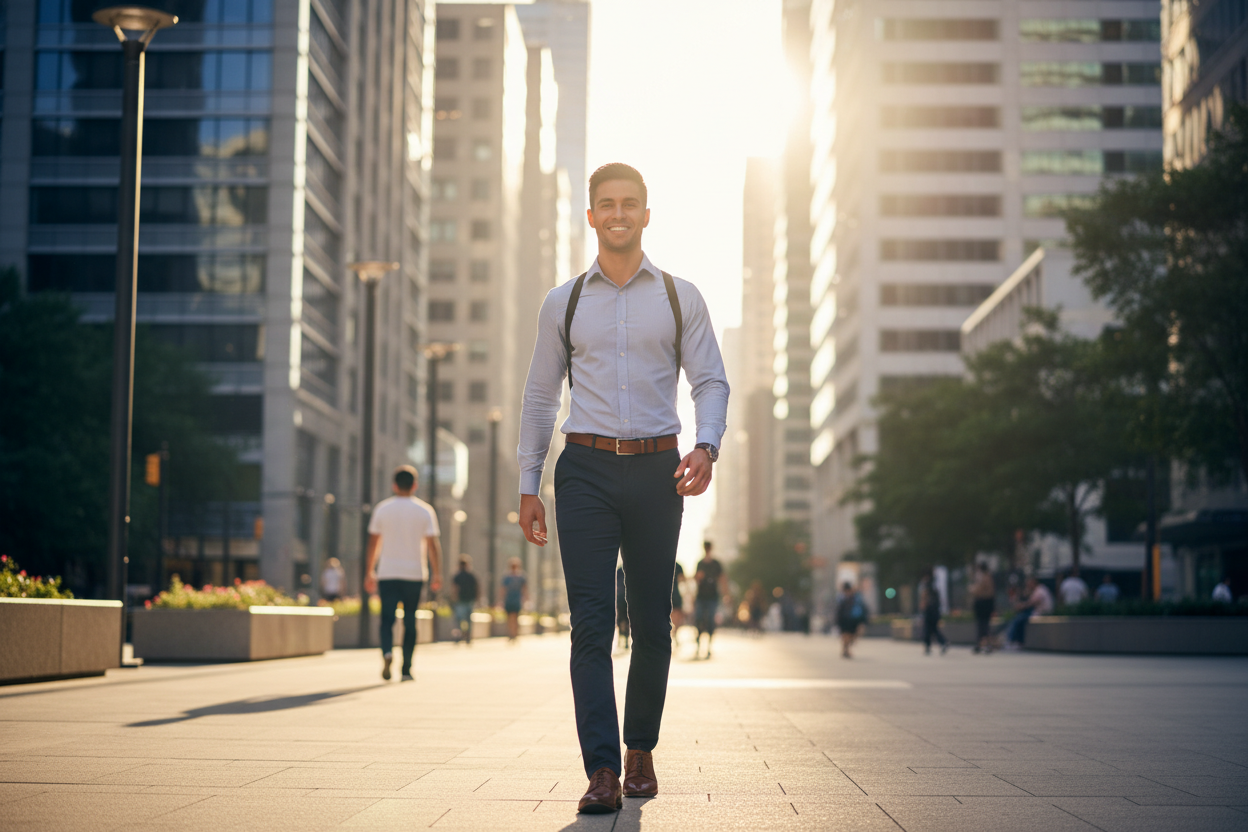 A confident person walking outdoors with perfect posture, smiling and making eye contact. Urban background, posture corrector subtly visible under clothing, bright lighting, motivational tone.